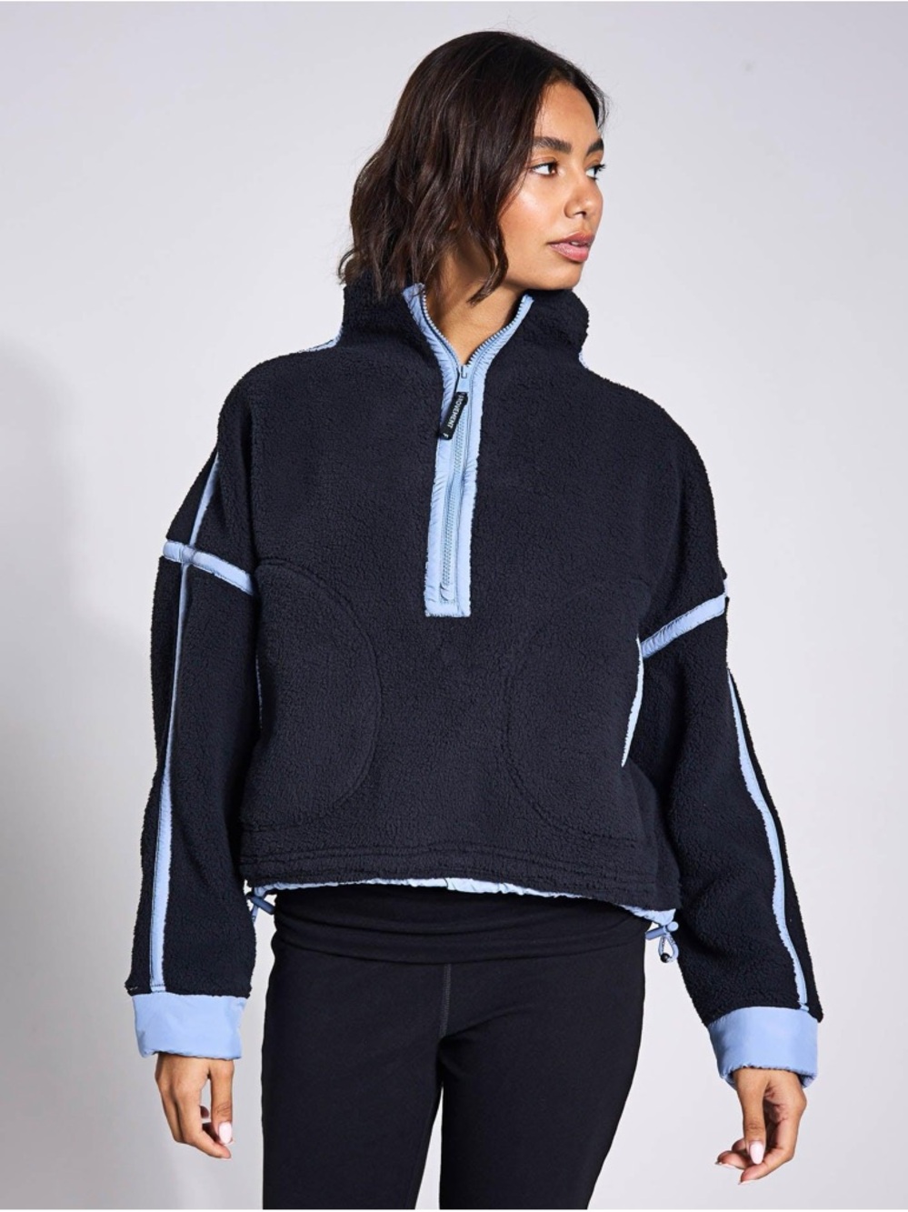 Free People Fleece Pullover Jacket - Navy/Light Blue (Small)